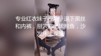 专业红衣妹子视角，退下黑丝和内裤，掰穴露出黑鲍鱼，沙发床上操逼